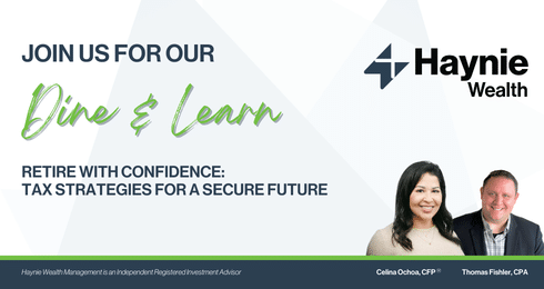 Join us for Dine & Learn with Celina Ochoa and Thomas Flieher on tax strategies for a secure retirement.
